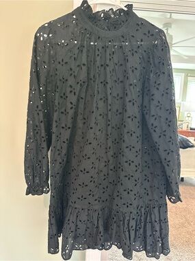 J. Crew Black Eyelet Ruffle Neck Dress